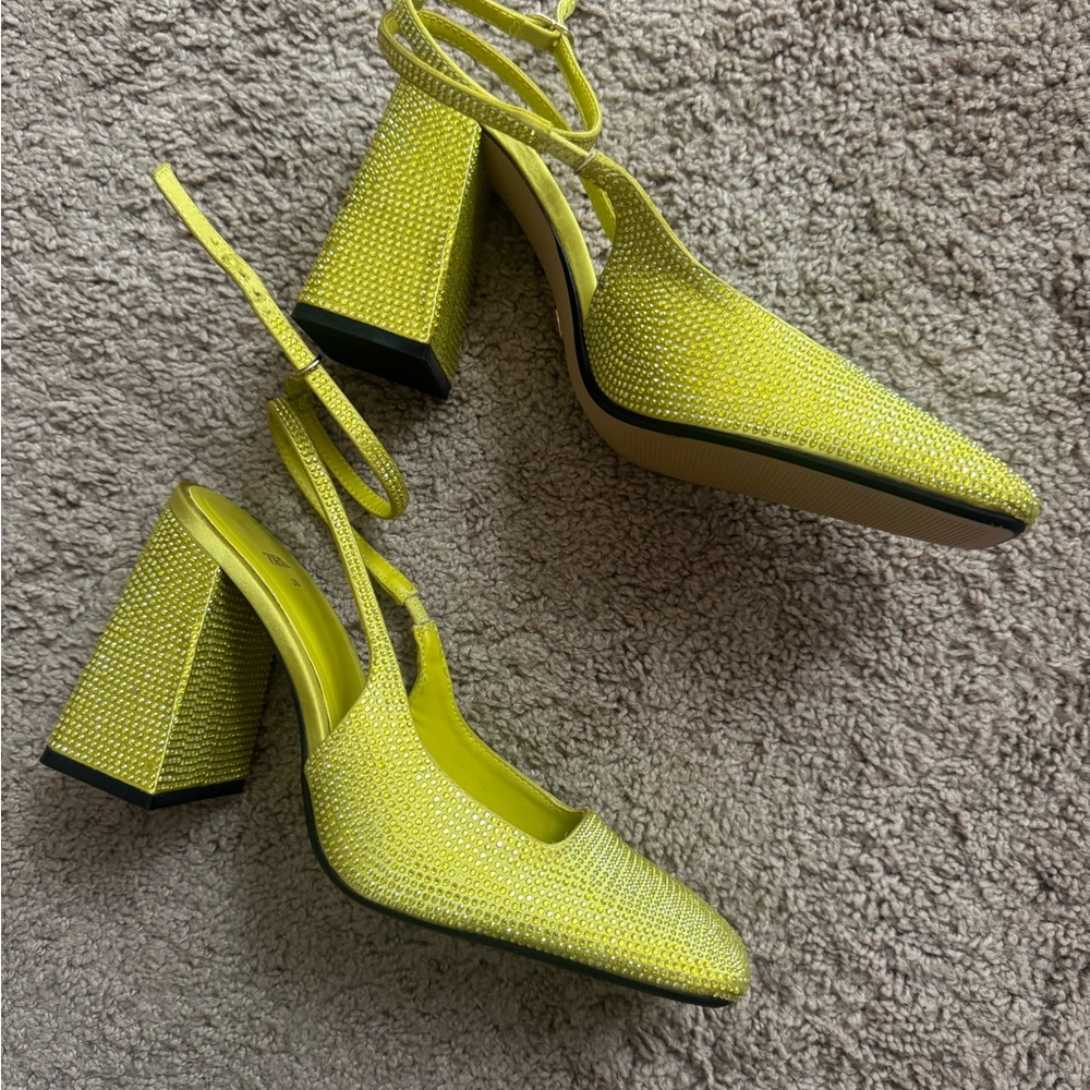 Zara Yellow Rhinestone Block Heel Slingback Pumps - Picture 5 of 7